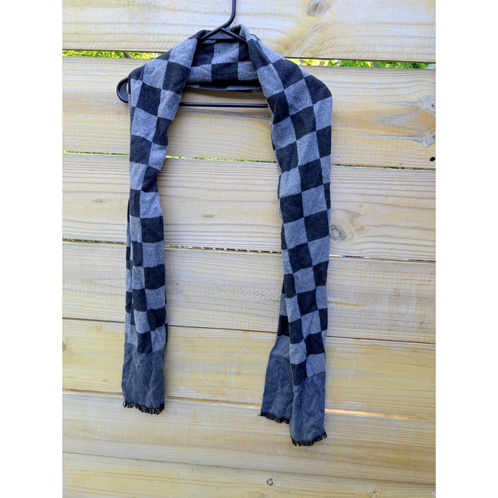 Charles's Wain New York Grey Checkered Scarf Cotton Viscose Blend Fringe Trim